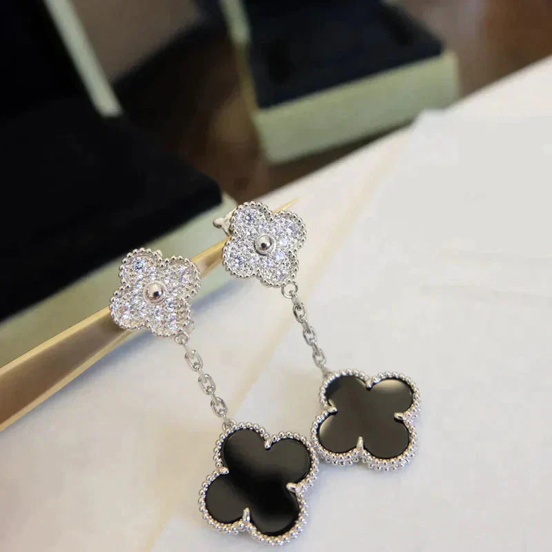 [Eternal Jewelry]CLOVER 2 MOTIFS  DIAMOND ONYX EARRINGS SILVER