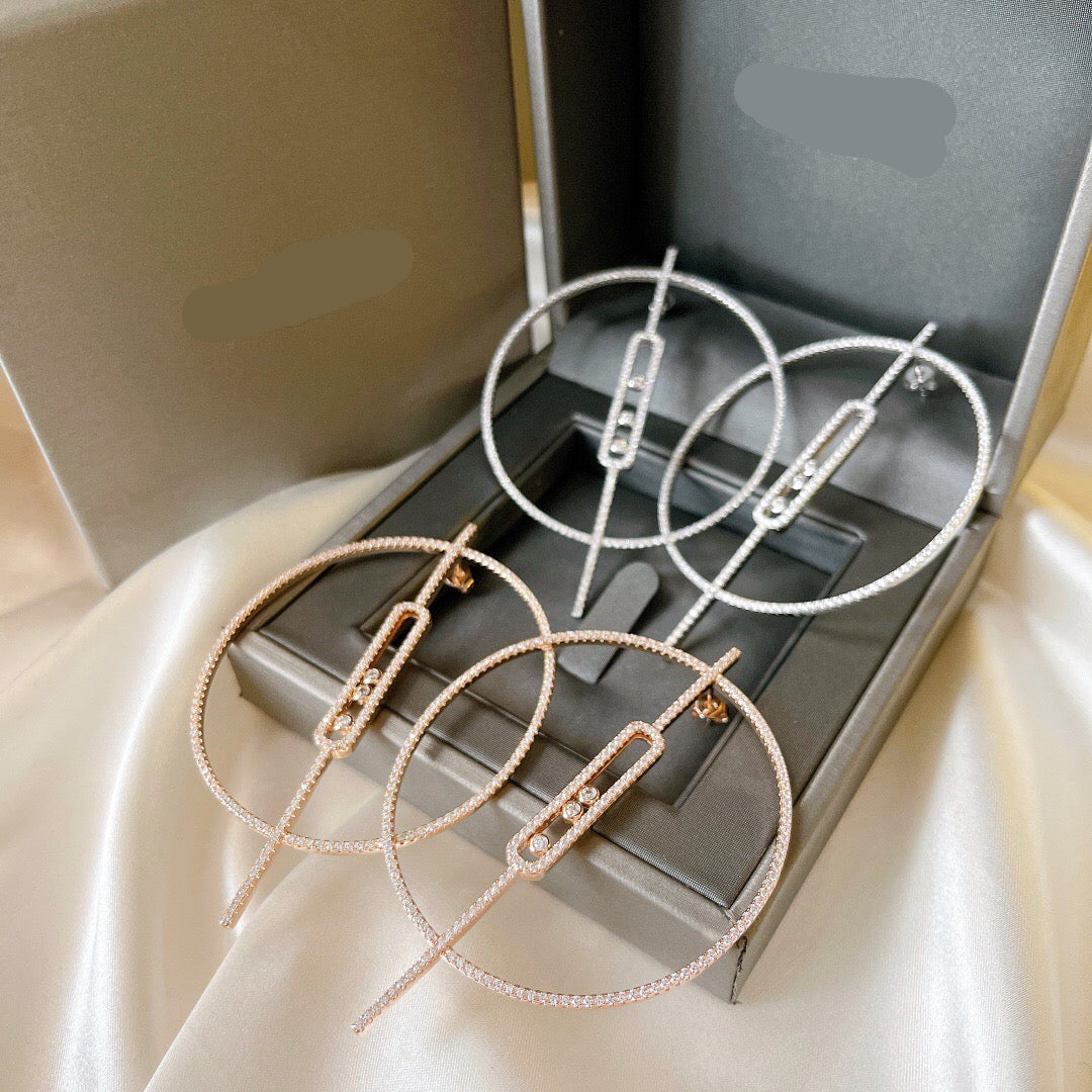 [Eternal Jewelry]Move Large Hoop Earrings, Three Sliding Diamonds