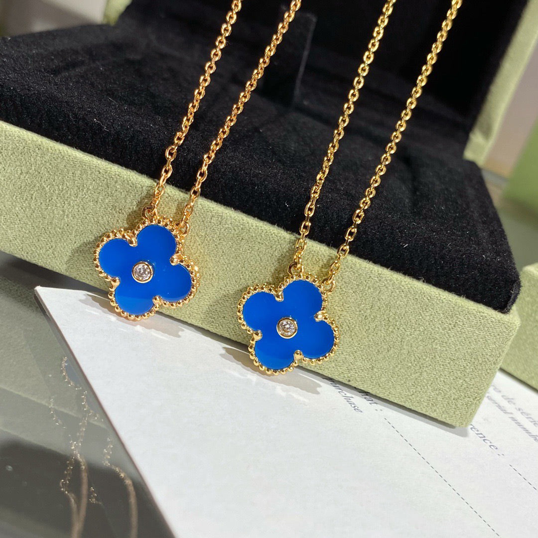 [Eternal Jewelry]CLOVER 15MM DIAMOND AND BLUE AGATE NECKLACE