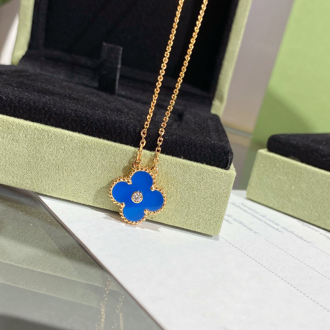 [Eternal Jewelry]CLOVER 15MM DIAMOND AND BLUE AGATE NECKLACE