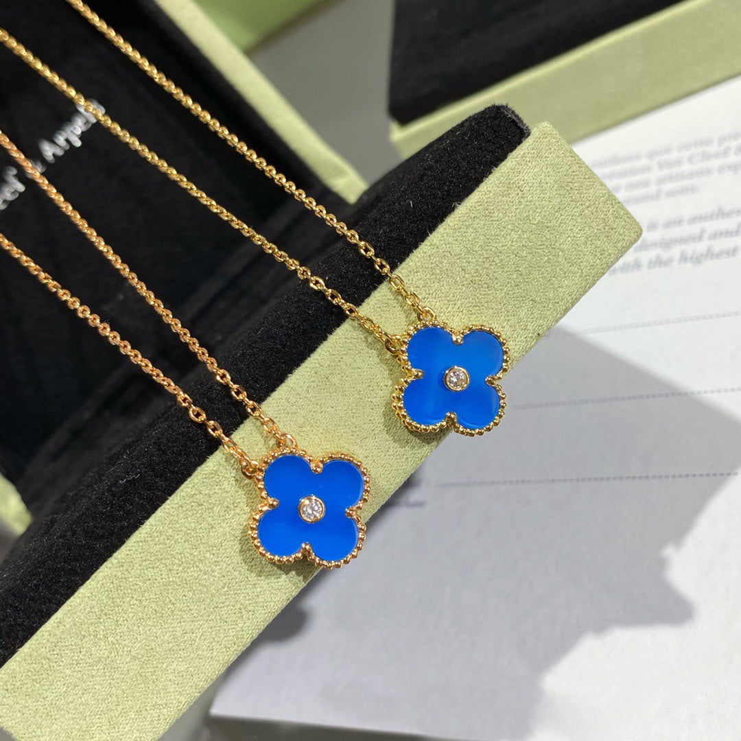 [Eternal Jewelry]CLOVER 15MM DIAMOND AND BLUE AGATE NECKLACE