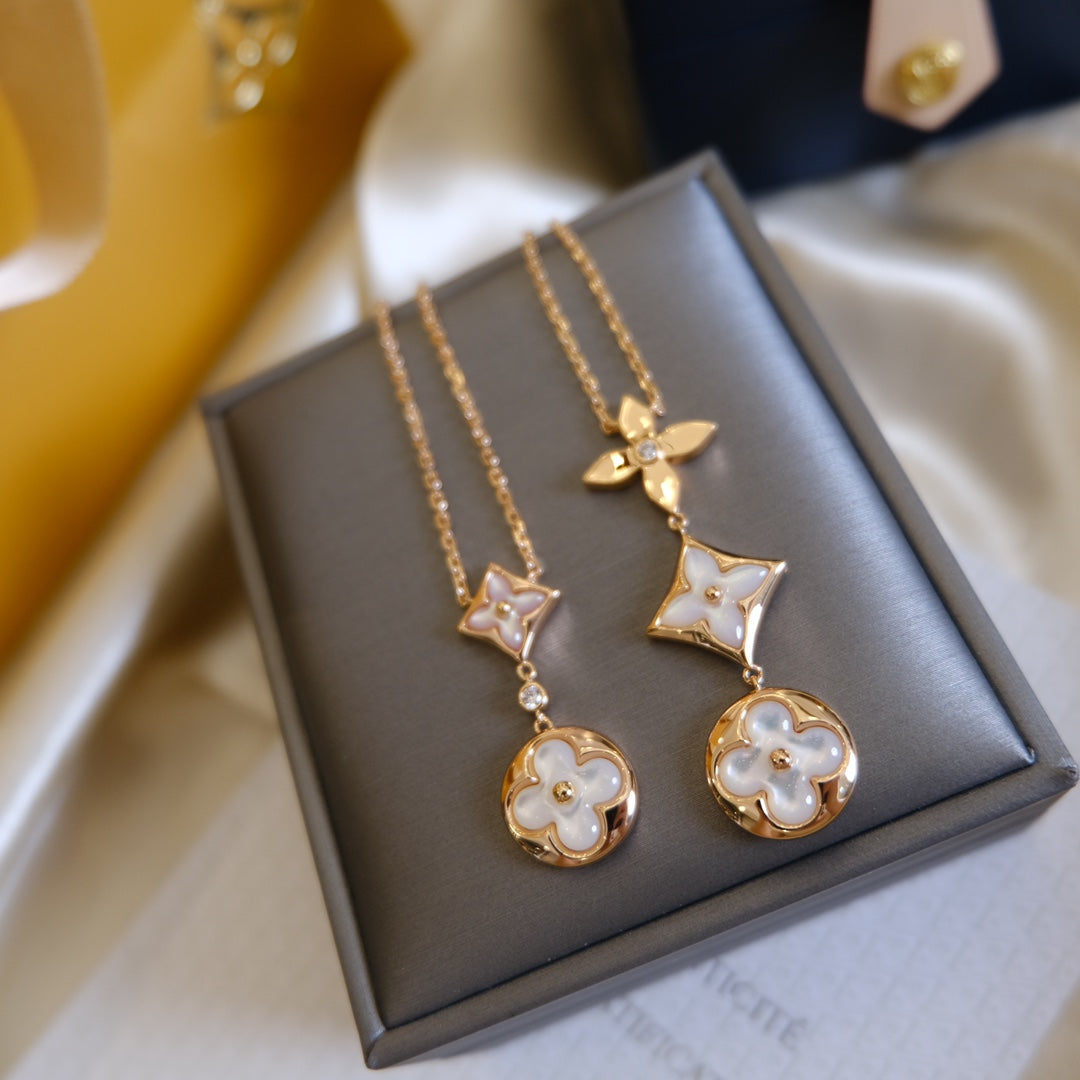 [Eternal Jewelry]COLOR BLOSSOM LARIAT NECKLACE PINK GOLD WHITE MOTHER PEARL AND DIAMOND