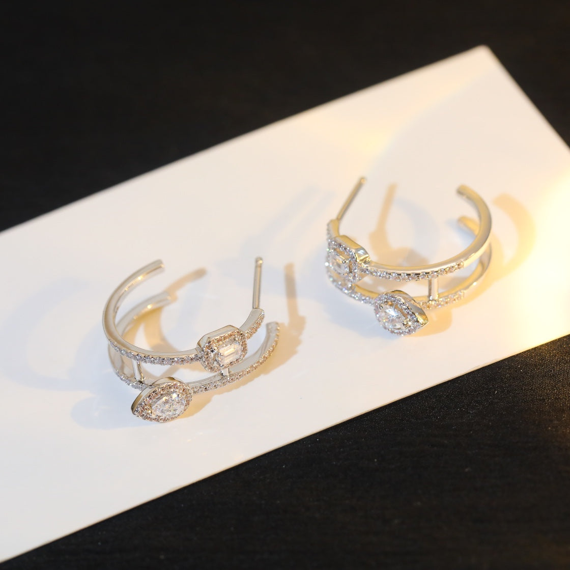 [Eternal jewelry]CREOLES MY TWIN 2 RANGS SILVER DIAMOND EARRINGS