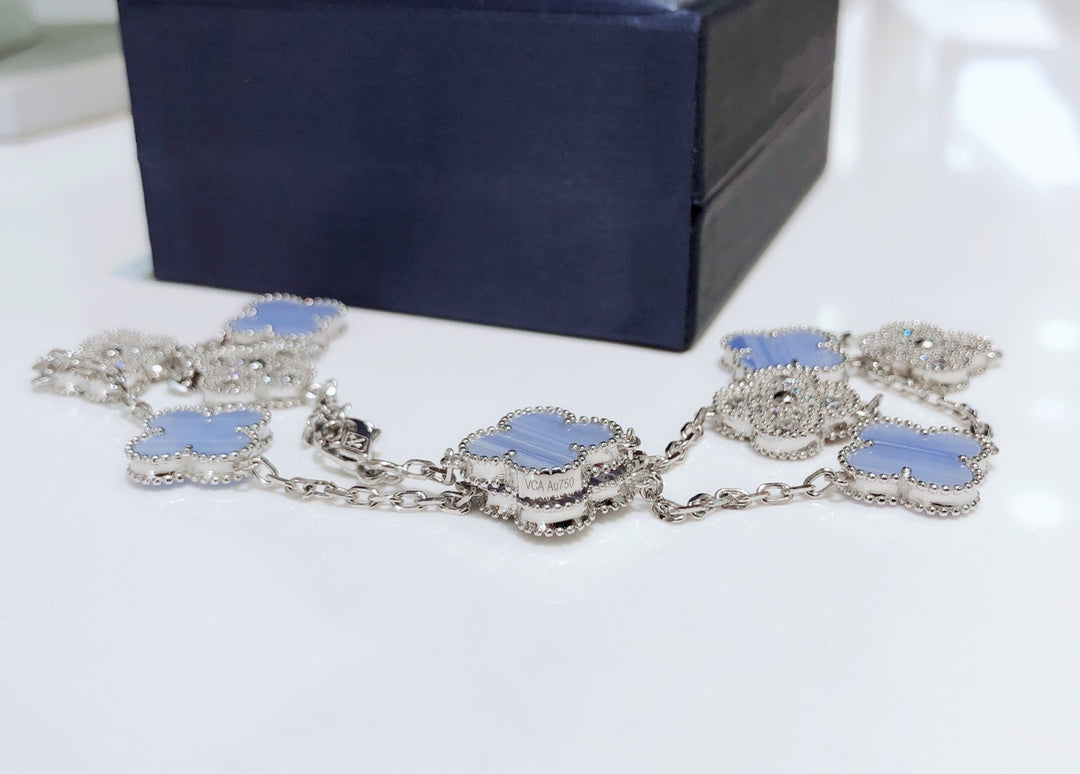 [Eternal Jewelry]CLOVER 10 MOTIFS CHALCEDONY DIAMONDS SILVER NECKLACE