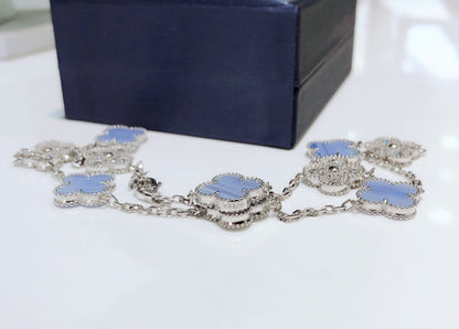 [Eternal Jewelry]CLOVER 10 MOTIFS CHALCEDONY DIAMONDS SILVER NECKLACE